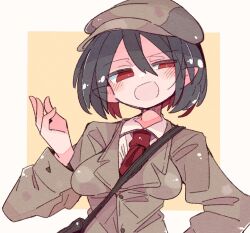 Rule 34 | 1girl, black hair, blush, brown hat, brown jacket, buttons, collared shirt, ears visible through hair, hair between eyes, hat, jacket, long sleeves, massakasama, necktie, open mouth, pointy ears, red eyes, red necktie, shameimaru aya, shameimaru aya (newsboy), shirt, short hair, solo, touhou, upper body, white shirt