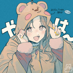 Rule 34 | 1girl, adjusting clothes, adjusting hood, animal costume, animal ears, animal hood, bear costume, bear ears, bear hood, blue background, blush, brown eyes, brown hair, commentary request, fur-trimmed sleeves, fur trim, hands up, highres, hood, ichikawa hinana, idolmaster, idolmaster shiny colors, long hair, long sleeves, looking at viewer, onesie, open mouth, paayan (hagakinorock54), solo, translation request, upper body, wide sleeves, yellow nails