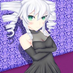 Rule 34 | absurdres, bare shoulders, black sister, breasts, cleavage, crossed arms, dress, drill hair, floor, gloves, gown, green eyes, highres, long hair, neptune (seires), neptune (series), pout, rhapsofree, small breasts, tsundere, twin drills, twin drills, twintail, uni (neptunia), wall, white hair