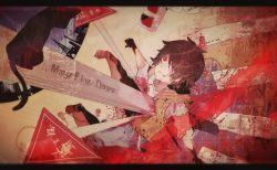 Rule 34 | 1boy, amamiya hibiya, blood, cat, hair over one eye, impaled, kagerou days (vocaloid), kagerou project, male focus, miwasiba, red eyes, road sign, sign, smile, solo, traffic light, vocaloid