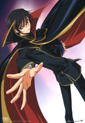 Rule 34 | 00s, 1boy, absurdres, black hair, cape, code geass, gradient background, highres, lelouch vi britannia, male focus, outstretched arm, outstretched hand, purple eyes, reaching, scan, solo