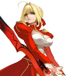 Rule 34 | 1girl, ahoge, angry, blonde hair, braid, breasts, cleavage, conto, epaulettes, fate/extra, fate/grand order, fate (series), french braid, from below, green eyes, hair intakes, lips, looking at viewer, looking down, nero claudius (fate), nero claudius (fate) (all), nero claudius (fate/extra), puffy sleeves, simple background, solo, sword, weapon, white background, wide sleeves