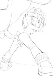 Rule 34 | 1boy, 1girl, against wall, amy rose, animal ears, anus, arm up, ass, between legs, breasts, covering crotch, covering privates, erection, filthypaladin, from behind, from below, full body, furry, gloves, greyscale, hairband, half-closed eyes, hand between legs, highres, looking down, looking to the side, monochrome, nude, open mouth, penis, pussy, shoes, short hair, simple background, sketch, socks, sonic (series), spread legs, standing, tail, teeth, testicles, uncensored, white background