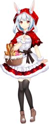 Rule 34 | 1girl, agekichi (heart shape), animal ears, artwhirl mahou gakuen no otome-tachi, basket, black thighhighs, bread, brown footwear, cape, capelet, closed mouth, flower, food, full body, fur-trimmed skirt, fur trim, highres, holding, holding basket, hood, hood up, hooded capelet, layered skirt, long hair, looking at viewer, miniskirt, pink flower, rabbit ears, red cape, red eyes, shirt, skirt, smile, snow (artwhirl), solo, standing, tachi-e, thighhighs, transparent background, white hair, white shirt, white skirt, yellow flower, zettai ryouiki
