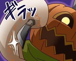 Rule 34 | 1boy, artist request, cape, digimon, digimon (creature), digimon ghost game, gloves, grin, halloween, holding, holding knife, jack-o&#039;-lantern, knife, no humans, open mouth, pumpkin, pumpmon, smile, solo, torn clothes, translation request, yellow eyes
