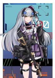 Rule 34 | 1girl, absurdres, arm up, assault rifle, blue hair, closed mouth, feet out of frame, girls&#039; frontline, gloves, green eyes, gun, h&amp;k hk416, hair ornament, hair ribbon, hairband, hairclip, hat, highres, hk416 (girls&#039; frontline), hk416 (mod3) (girls&#039; frontline), light blue hair, long hair, looking at viewer, mini hat, r9k1, ribbon, rifle, shading eyes, smile, solo, standing, tactical clothes, teardrop facial mark, teardrop tattoo, weapon, white gloves