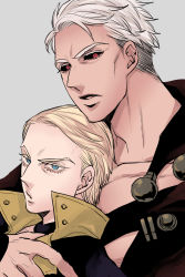Rule 34 | 2boys, arm over shoulder, black sclera, black shirt, colored eyelashes, blonde hair, blue eyes, collarbone, colored sclera, grey background, highres, jojo no kimyou na bouken, looking at viewer, male focus, multiple boys, open collar, open mouth, prosciutto, red eyes, risotto nero, ryuuzaki (ereticent), shirt, short hair, vento aureo, colored eyelashes, white hair