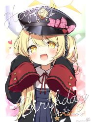 Rule 34 | 1girl, :d, anzu ame, artist name, black coat, black hat, black ribbon, blonde hair, blue archive, blue dress, blush, border, bow, chain, coat, collared shirt, commentary request, dated, dress, hair between eyes, hair ribbon, halo, happy birthday, hat, hat bow, hat ornament, heart, heart hat ornament, highres, ibuki (blue archive), long hair, long sleeves, looking at viewer, neck ribbon, open clothes, open coat, open mouth, outside border, peaked cap, pink bow, ponytail, red ribbon, ribbon, shirt, side ponytail, sidelocks, signature, sleeves past fingers, sleeves past wrists, smile, solo, star (symbol), translation request, twitter username, upper body, very long sleeves, white border, white shirt, wing collar, yellow eyes