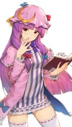 Rule 34 | 1girl, blue bow, blunt bangs, book, bow, bowtie, capelet, closed mouth, crescent, crescent pin, dress, gradient hair, hair bow, hat, hat ribbon, highres, holding, holding book, kotoribako, long hair, long sleeves, looking at viewer, multicolored hair, nail polish, patchouli knowledge, pink eyes, pink hair, pink hat, pink nails, purple bow, purple bowtie, purple hair, red bow, ribbon, ribbon-trimmed legwear, ribbon trim, short dress, simple background, smile, solo, striped clothes, striped dress, thighhighs, touhou, very long hair, white background, white thighhighs
