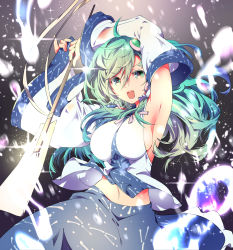 Rule 34 | 1girl, alternate breast size, armpits, arms up, blue skirt, breasts, cowboy shot, detached sleeves, frog hair ornament, gohei, green hair, grey background, hair between eyes, hair ornament, hair tubes, highres, holding, holding stick, ichizen (o tori), kochiya sanae, large breasts, long hair, navel, open mouth, shirt, skirt, sleeveless, sleeveless shirt, snake hair ornament, solo, stick, touhou, white shirt