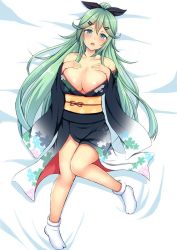Rule 34 | 10s, 1girl, alternate breast size, bare shoulders, black ribbon, blue eyes, blush, breasts, cleavage, collarbone, green hair, hair between eyes, hair ornament, hair ribbon, hairclip, hands on own chest, japanese clothes, kantai collection, kimono, kisaragi nana, large breasts, long hair, looking at viewer, lying, obi, off shoulder, on back, on bed, ponytail, ribbon, sash, solo, tabi, very long hair, white legwear, yamakaze (kancolle)