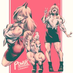 Rule 34 | 1girl, 1other, absurdres, animal, animal on shoulder, bare shoulders, black choker, black footwear, black skirt, blonde hair, boots, cat, cat on shoulder, chainsaw man, character name, choker, crossed arms, eyes visible through hair, fang, hair between eyes, hair over one eye, head tilt, highres, long hair, looking at viewer, looking back, meowy (chainsaw man), noodlenood, off shoulder, open mouth, power (chainsaw man), sharp teeth, shirt, side-tie shirt, skirt, smile, squatting, teeth, thick thighs, thighs, twitter username, two-tone background, v, white cat, white shirt