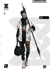 Rule 34 | 1boy, absurdres, bag, barcode tattoo, black hair, black pants, black shirt, closed mouth, clothes writing, commentary request, dark skin, dark-skinned male, full body, head tilt, heterochromia, highres, holding, holding bag, holding spear, holding weapon, jacket, long sleeves, looking away, looking to the side, male focus, open clothes, open jacket, orange eyes, original, pants, polearm, print shirt, sanshouuo, shirt, shoes, sleeves past wrists, solo, spear, standing, standing on one leg, tattoo, weapon, white footwear, white jacket, yellow eyes