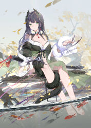 Rule 34 | + +, 1girl, absurdres, barefoot, black hair, bodhi wushushenghua, breasts, chinese clothes, chinese commentary, cleavage, closed mouth, commentary request, fish, green eyes, hair ornament, highres, horns, large breasts, leaf hair ornament, legs, long hair, looking ahead, neck tassel, oil-paper umbrella, original, sitting, soaking feet, solo, sword, toes, umbrella, weapon