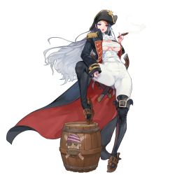 Rule 34 | 1girl, bandages, barrel, black cape, blue eyes, blue hair, boots, breasts, cape, cigar, full body, game cg, gun, hat, heart, highres, holding, large breasts, last origin, leg up, long hair, looking at viewer, nail polish, official art, pants, pirate, pirate costume, pirate hat, rorobomb, sarashi, smoke, smoke heart, smoking, solo, tachi-e, transparent background, very long hair, war wolf (last origin), weapon, white pants