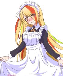 Rule 34 | 10s, 1girl, alternate costume, apron, blonde hair, blush, clenched teeth, curtsey, embarrassed, enmaided, eriizane, frown, green hair, hair over one eye, head tilt, long hair, long sleeves, looking at viewer, maid, maid apron, maid headdress, multicolored hair, nikaidou saki, nose blush, one side up, puffy long sleeves, puffy sleeves, red eyes, red hair, solo, streaked hair, teeth, twitter username, very long hair, victorian maid, white background, zombie land saga