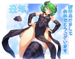 Rule 34 | 1girl, black dress, black gloves, breasts, chinese zodiac, cleavage, cloud, cow tail, curly hair, curvy, dress, fake horns, fake tail, fur-trimmed gloves, fur-trimmed legwear, fur trim, gloves, green eyes, green hair, highres, horns, mogudan, no panties, one-punch man, partially visible vulva, shiny skin, short hair, single thighhigh, small breasts, tail, tatsumaki, thick thighs, thighhighs, thighs, translation request, year of the ox