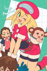 2girls absurdres black_jacket black_pantyhose blonde_hair blush boots brown_gloves brown_hair data_(mega_man) earrings gloves green_eyes hairband hat highres jacket jewelry long_hair looking_at_another looking_at_viewer medium_hair mega_man_(series) mega_man_legends_(series) mega_man_volnutt multiple_girls one_eye_closed open_mouth pantyhose pink_gloves pink_hairband red_boots red_hat red_shorts roll_caskett_(mega_man) short_hair shorts skull_earrings smile sweatdrop tron_bonne_(mega_man) x_x yodok