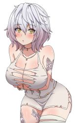 Rule 34 | 1girl, :o, artist request, bandages, bare shoulders, blush, breast lift, breasts, choker, cleavage, code vein, crossed arms, dress, io (code vein), jewelry, large breasts, leaning forward, looking at viewer, necklace, short hair, silver hair, solo, standing, thick thighs, thighs, torn clothes, white background, white dress, yellow eyes