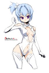 Rule 34 | 1girl, bare shoulders, blue hair, bodysuit, breasts, cleavage, cleavage cutout, clenched hand, clothing cutout, contrapposto, cowboy shot, expressionless, gloves, groin, hair intakes, hair ribbon, hand up, highres, leotard, looking at viewer, navel, navel cutout, oekaki, onija tarou, purple eyes, ribbon, short hair, side ponytail, simple background, sketch, small breasts, solo, standing, thighhighs, turtleneck, watermark, web address, white background, white thighhighs