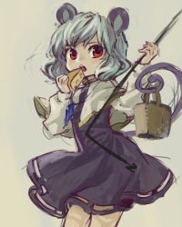 Rule 34 | 1girl, ama-tou, animal ears, basket, capelet, cheese, female focus, food, grey hair, jewelry, mouse ears, mouse tail, nazrin, pendant, red eyes, solo, tail, touhou