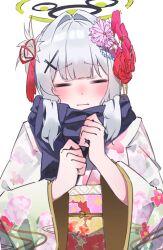 Rule 34 | 1girl, absurdres, blue archive, blush, closed eyes, closed mouth, facing viewer, flower, grey hair, hair flower, hair ornament, halo, hare (blue archive), heimu (heim kstr), highres, japanese clothes, kimono, long hair, long sleeves, obi, sash, simple background, solo, upper body, wavy mouth, white background, white kimono, wide sleeves
