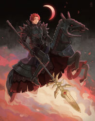 Rule 34 | 1boy, animal, armor, barding, breastplate, crescent moon, driftwoodwolf, fire emblem, fire emblem: three houses, gauntlets, highres, holding, holding polearm, holding weapon, horse, horseback riding, looking at viewer, male focus, moon, nintendo, polearm, red hair, red moon, riding, shoulder armor, spear, sylvain jose gautier, weapon, yellow eyes