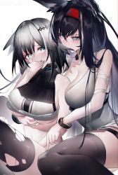 Rule 34 | 2girls, absurdres, animal ears, aqua eyes, arknights, bandaged arm, bandages, bare arms, bare shoulders, biting, black hair, black legwear, blaze (arknights), blue eyes, blush, breasts, cat ears, cleavage, clothes lift, covering own mouth, crop top, ear biting, feather hair, female focus, gradient hair, green eyes, grey hair, grey shirt, greythroat (arknights), hair between eyes, hair ornament, hairband, highres, holding, large breasts, long hair, looking at another, multicolored hair, multiple girls, red hairband, shirt, short hair, sleeveless, sleeveless shirt, thighhighs, torn clothes, torn legwear, underboob, yuri, yushe quetzalli