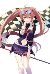 Rule 34 | 1girl, absurdres, adapted costume, ahoge, blue skirt, blush, brown eyes, eyewear on head, feet out of frame, flag, hair between eyes, heterochromia, highres, holding, holding flag, kantai collection, light brown hair, long hair, looking at viewer, murasame (kancolle), murasame kai ni (kancolle), navel, pleated skirt, race queen, red eyes, simple background, skirt, smile, solo, sunglasses, thighhighs, twintails, white background, white thighhighs, yukichi (eikichi)