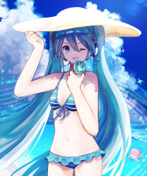 Rule 34 | 1girl, ;d, bikini, blue bikini, blue eyes, blue hair, blue sky, breasts, cleavage, cloud, collarbone, cowboy shot, day, floating hair, food, frilled bikini, frills, front-tie bikini top, front-tie top, groin, hat, hatsune miku, headphones, highres, holding, ice cream, long hair, looking at viewer, megurine luka, navel, nomuraumu, one eye closed, open mouth, outdoors, sky, small breasts, smile, standing, striped bikini, striped bikini top, striped clothes, sun hat, swimsuit, takoluka, very long hair, vocaloid, white hat