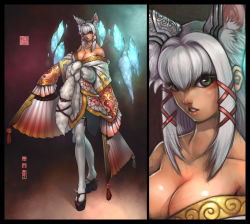 Rule 34 | 1girl, animal ears, breasts, cleavage, collarbone, fur, green eyes, ice, japanese clothes, large breasts, long hair, looking at viewer, magic, multiple views, parted lips, platform clogs, platform footwear, text focus, thighhighs, translation request, white hair, zhaoyebai