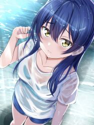 Rule 34 | 1girl, blue hair, blush, borgbutler, bra, bra visible through clothes, breasts, cleavage, green bra, highres, long hair, looking at viewer, love live!, medium breasts, outdoors, see-through, see-through shirt, shirt, short shorts, shorts, solo, sonoda umi, underwear, water, wet, wet clothes, wet shirt, white shirt, yellow eyes