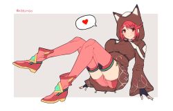 Rule 34 | 1girl, animal ears, animal hood, breasts, cat ears, full body, highres, hood, hooded vest, hoodie, large breasts, looking at viewer, mochimochi (xseynao), pyra (xenoblade), red eyes, red hair, short hair, shorts, sitting, smile, solo, vest, xenoblade chronicles (series), xenoblade chronicles 2
