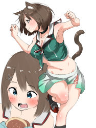 Rule 34 | 1girl, animal ears, armpits, blue eyes, blush, breasts, brown hair, burger, cat ears, cat tail, cleavage, food, hair ornament, hairclip, highres, kantai collection, large breasts, long hair, looking at viewer, maya (kancolle), multiple views, navel, open mouth, pleated skirt, school uniform, serafuku, short hair, simple background, skirt, sleeveless, smile, tail, tama (tamago), white background, x hair ornament