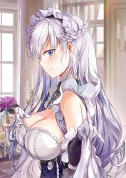 Rule 34 | 1girl, absurdres, apron, azur lane, belfast (azur lane), blue eyes, blush, braid, breasts, candlelight, chain, cleavage, closed mouth, collar, collarbone, corset, curtsey, dress, french braid, frills, gloves, highres, indoors, large breasts, long hair, looking at viewer, maid, maid headdress, saya (mychristian2), silver hair, skirt hold, smile, solo, upper body, white gloves, window