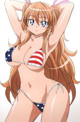Rule 34 | 1girl, american flag bikini, american flag print, armpits, arms behind head, arms up, bikini, blue eyes, breasts, brown hair, cameltoe, commentary request, flag print, gradient background, highres, houjou hibiki, large breasts, long hair, looking at another, looking at viewer, navel, oimanji, precure, print bikini, side-tie bikini bottom, sketch, solo, star (symbol), striped, suite precure, swimsuit