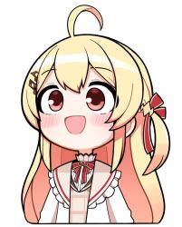 Rule 34 | 1girl, :d, ahoge, blonde hair, blush stickers, cardigan, chibi, hololive, hololive dev is, jb jagbung, long hair, looking afar, neck ribbon, open mouth, otonose kanade, red eyes, red ribbon, ribbon, simple background, smile, solo, transparent background, upper body, virtual youtuber, white cardigan