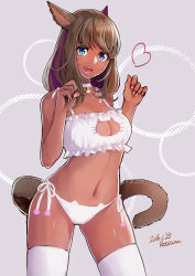 Rule 34 | 10s, 1girl, 2016, :d, animal ears, artist name, bell, blue eyes, breasts, brown hair, cat cutout, cat ear panties, cat ears, cat lingerie, cat tail, choker, circlet, cleavage cutout, clothing cutout, collarbone, colored eyelashes, cowboy shot, dark-skinned female, dark skin, dated, facial mark, fang, final fantasy, final fantasy xiv, frills, grey background, head tilt, heart, jingle bell, large breasts, long hair, looking at viewer, meme attire, miqo&#039;te, nail polish, navel, neck bell, open mouth, panties, paw pose, paw print, polka dot, retsuna, side-tie panties, signature, smile, solo, stomach, swept bangs, tail, thighhighs, underwear, underwear only, warrior of light (ff14), whisker markings, white panties, white thighhighs