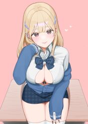 Rule 34 | 1girl, absurdres, black bra, blonde hair, blue bow, blue bowtie, blue jacket, blush, bow, bowtie, bra, bra peek, breasts, brown eyes, cleavage, closed mouth, collared shirt, desk, ear piercing, goddess of victory: nikke, hair ornament, heart, highres, jacket, large breasts, lips, long hair, looking at viewer, off-shoulder jacket, off shoulder, partially unbuttoned, pencil skirt, peroinnu, piercing, pink background, puffy sleeves, school desk, shirt, sitting, skirt, sleeves past wrists, smile, solo, strap, thigh gap, thighhighs, tia (nikke), underwear, white shirt, white thighhighs