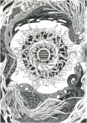 Rule 34 | abstract background, dragon, e-yui!!!, eastern dragon, egasumi, fish, greyscale, highres, monochrome, no humans