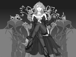 Rule 34 | 1girl, bare shoulders, breasts, cleavage, cup, drinking glass, greyscale, high heels, highres, crossed legs, long hair, looking at viewer, monochrome, original, pointy ears, saba no misoni (doddosi), sitting, skull, solo, thighhighs, third eye, very long hair, wine glass