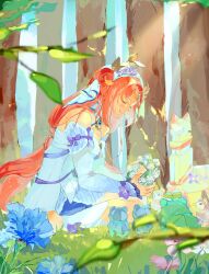 Rule 34 | 1girl, absurdres, bare shoulders, blue dress, blue flower, blue sleeves, blush, circlet, closed eyes, commentary request, day, detached sleeves, dress, eru (neco 2110), flower, forest, genshin impact, grass, hair bun, hair flower, hair ornament, head wreath, highres, holding, holding wreath, long hair, long sleeves, nature, nilou (breeze of sabaa) (genshin impact), nilou (genshin impact), official alternate costume, on grass, outdoors, parted bangs, pink flower, purple flower, purple ribbon, red hair, ribbon, sitting, sleeveless, sleeveless dress, smile, solo, sunlight, tree, very long hair