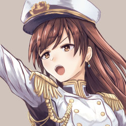 Rule 34 | 1girl, :d, brown eyes, brown hair, earrings, floating hair, grey background, hat, idolmaster, idolmaster cinderella girls, jewelry, long hair, military, military hat, military uniform, moppo, nitta minami, open mouth, outstretched arm, portrait, seizon honnou valkyria, smile, solo, uniform, white hat
