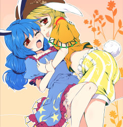 Rule 34 | 2girls, animal ears, arm grab, blonde hair, blue hair, blush, grabbing another&#039;s breast, rabbit ears, chima q, dress, floppy ears, grabbing, hat, highres, long hair, looking at viewer, multi-tied hair, multiple girls, one eye closed, open mouth, puffy short sleeves, puffy sleeves, red eyes, ringo (touhou), seiran (touhou), shirt, short hair, short sleeves, shorts, tongue, tongue out, touhou, yuri