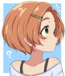 Rule 34 | 1girl, bare shoulders, blush, close-up, commentary request, hair ornament, hairclip, idolmaster, idolmaster cinderella girls, idolmaster cinderella girls u149, ikameshi (ika meshi), light brown hair, looking to the side, off-shoulder shirt, off shoulder, parted lips, profile, ryuzaki kaoru, shirt, short hair, solo, two-tone background, yellow eyes