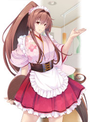 Rule 34 | 1girl, alternate costume, apron, blush, breasts, brown hair, cherry blossoms, dress, floral print, flower, frilled apron, frilled skirt, frills, hair between eyes, hair flower, hair ornament, holding, holding tray, japanese clothes, kantai collection, kimono, lamp, large breasts, long hair, looking at viewer, maid, maid apron, maid day, maid headdress, map (blue catty), pink kimono, ponytail, skirt, smile, solo, teeth, tray, very long hair, wa maid, waitress, white apron, wide sleeves, yamato (kancolle)