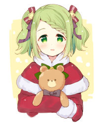 Rule 34 | 1girl, black bow, blush, bow, capelet, cropped torso, dress, fur-trimmed capelet, fur-trimmed sleeves, fur trim, green bow, green eyes, green hair, hair bow, hair ornament, long sleeves, looking at viewer, meito (maze), mittens, morinaka kazaki, nijisanji, hugging object, parted lips, red bow, red capelet, red dress, red mittens, santa costume, sidelocks, smile, solo, star (symbol), star hair ornament, striped, striped bow, stuffed animal, stuffed toy, swept bangs, teddy bear, twintails, upper body, virtual youtuber