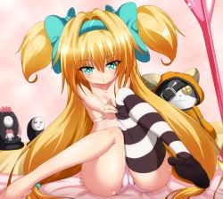 Rule 34 | 1girl, aqua eyes, arakune, arc system works, bare shoulders, bed, blazblue, blazblue: calamity trigger, blazblue: continuum shift, blonde hair, blush, breasts, cameltoe, character doll, dr. cryptoso, hair ribbon, hairband, heart, heart-shaped pupils, highres, jubei (blazblue), panties, platinum the trinity, quad tails, ribbon, single thighhigh, small breasts, striped clothes, striped thighhighs, symbol-shaped pupils, thighhighs, two side up, underwear