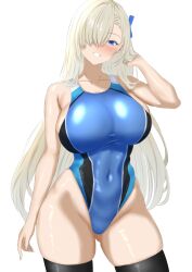 Rule 34 | 1girl, asuna (blue archive), asymmetrical bangs, black thighhighs, blonde hair, blue archive, blue ribbon, competition swimsuit, hair over one eye, highleg, highleg swimsuit, long hair, looking at viewer, multicolored clothes, multicolored swimsuit, one-piece swimsuit, ranhatu, ribbon, simple background, smile, solo, swimsuit, thighhighs, two-tone swimsuit