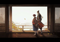 Rule 34 | 2boys, architecture, barefoot, black hair, blue pants, brown hair, brown kimono, brown pants, coat, commentary request, day, east asian architecture, falling leaves, from side, grey scarf, highres, japanese clothes, katana, kimono, kuro the divine heir, leaf, long sleeves, looking at another, male focus, multiple boys, pants, prosthesis, prosthetic arm, railing, scarf, sekiro, sekiro: shadows die twice, sheath, sheathed, short hair, sleeveless, sleeveless coat, sword, tabi, topknot, vetania, walking, weapon, wide sleeves